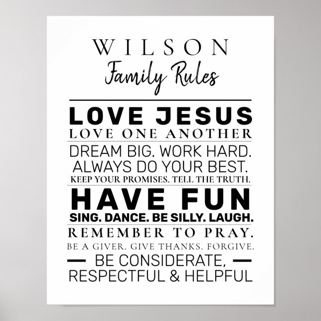 Modern Farmhouse Personalized Family Rules B&W Poster (Front)