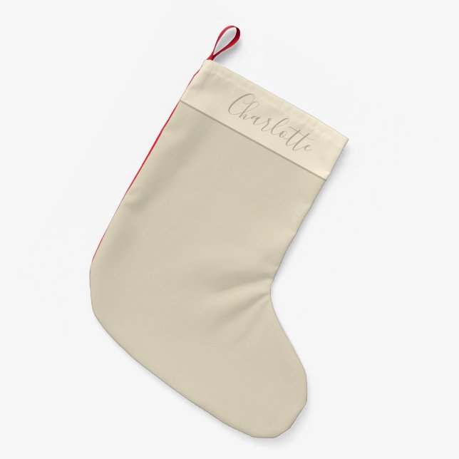 Modern Farmhouse Personalized Script Name Beige Small Christmas Stocking (Front (Hanging))