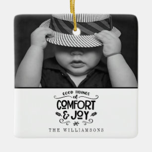 Modern Farmhouse Photo on Black Gingham Christmas Ceramic Ornament