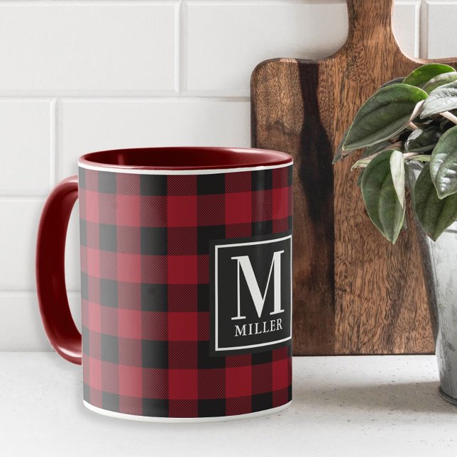 Modern Farmhouse Red Buffalo Check Monogrammed Mug (Creator Uploaded)