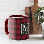 Modern Farmhouse Red Buffalo Check Monogrammed Mug<br><div class="desc">Custom-designed monogram coffee/tea mug featuring personalized monogram and family name on a black and red festive buffalo check/plaid/gingham check pattern.
Christmas/Holiday personalized gift ideas. Gifts for her. Christmas monogrammed gifts.</div>