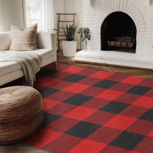 Modern Farmhouse Rug Black  Red Buffalo Plaid 