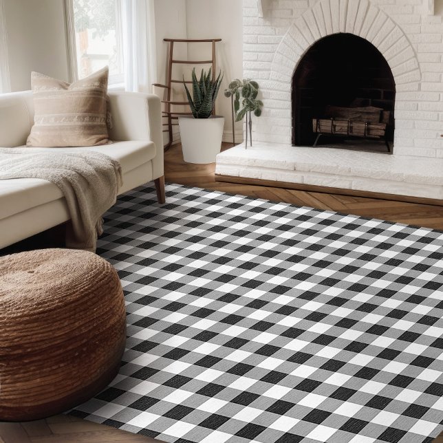 Modern Farmhouse Rug Black & White Gingham Area (Modern farmhouse rug black and white gingham plaid area rug for living room or bedroom)