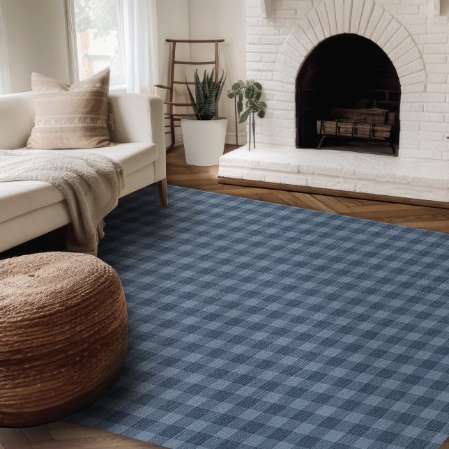 Modern Farmhouse Rug, Blue And Black Gingham Area Rug (Modern farmhouse rug plaid area rug blue on blue gingham )