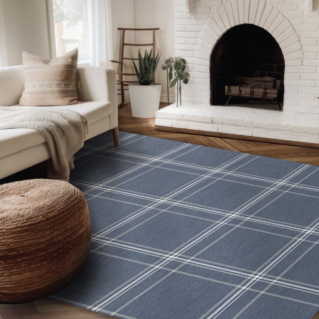 Modern Farmhouse Rug, Blue And White Plaid Area Rug (Modern farmhouse rug blue and white window pane plaid rug for living room or bedroom)