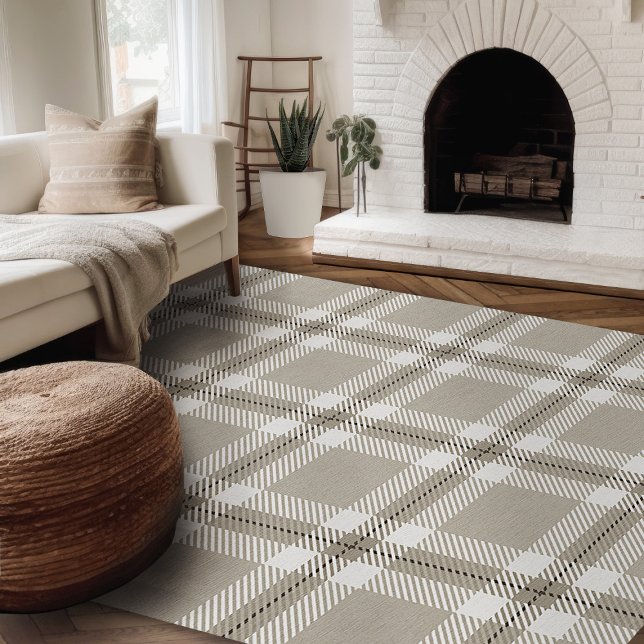 Modern Farmhouse Rug, Brown And White Plaid Area Rug (Modern farmhouse rug brown and beige plaid area rug for living room)