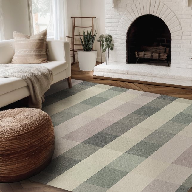 Modern Farmhouse Rug, Green And Mauve Plaid Area Rug (Modern farmhouse rug soft hunter green, mauve and cream plaid area rug)