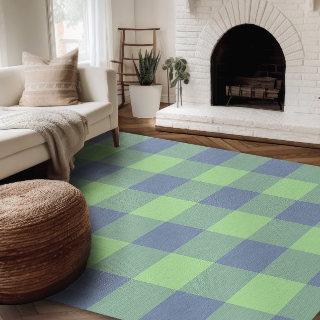 Modern Farmhouse Rug Green & Blue Buffalo Plaid  (Modern farmhouse rug blue and green buffalo plaid area rug for living room or bedroom)