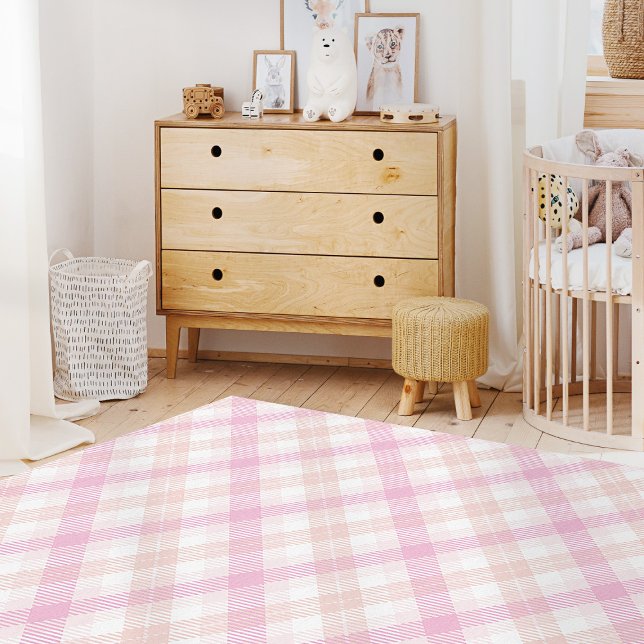 Modern Farmhouse Rug, Pink Nursery Plaid Area Rug (Modern farmhouse rug pink and orange plaid area rug for nursery or bedroom)