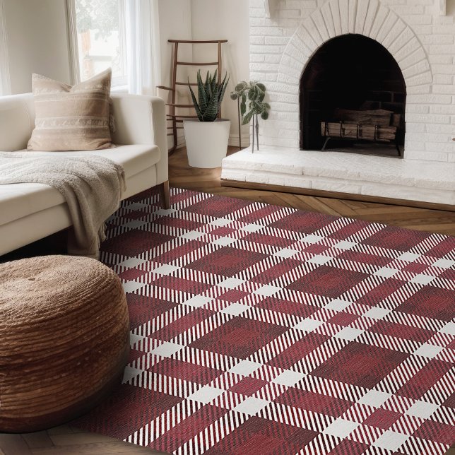 Modern Farmhouse Rug, Red And White Plaid Area Rug (Modern farmhouse rug red and beige plaid area rug for living room)