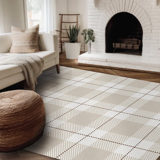 Modern Farmhouse Rug, Tan And White Plaid Area Rug (Modern farmhouse rug cream and beige plaid area rug for living room)