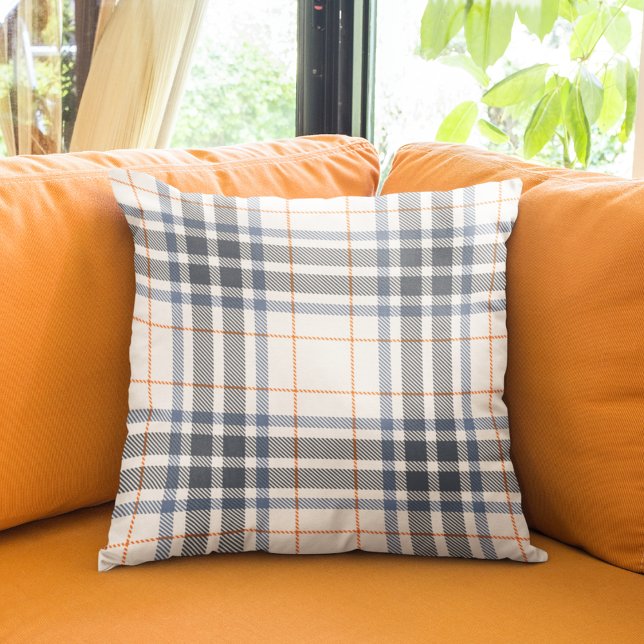 Modern Farmhouse Rustic Blue Orange Tartan Plaid Throw Pillow (Creator Uploaded)