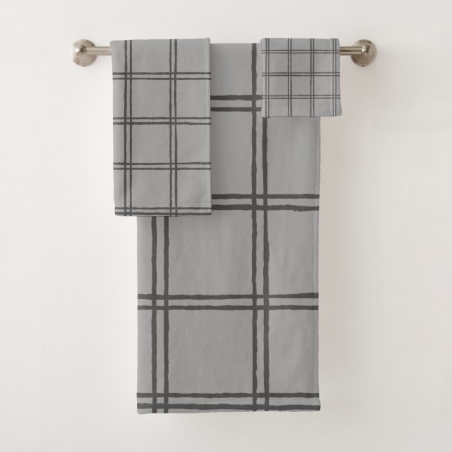 Modern Farmhouse Rustic Gray Plaid Lines Bath Towel Set (Insitu)