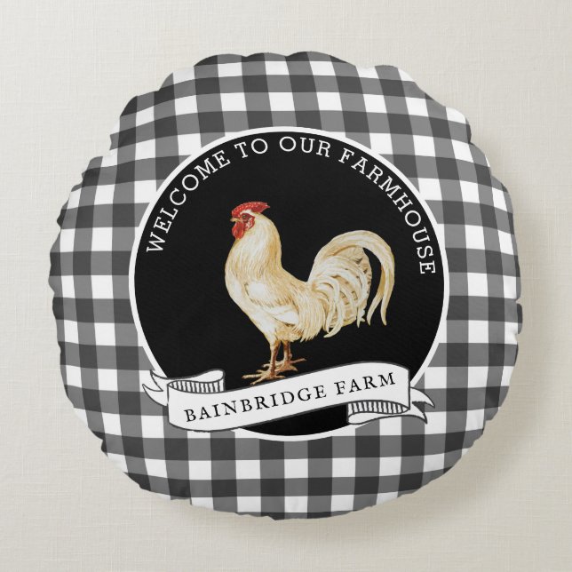 Modern Farmhouse Style Rooster Family Name  Round Pillow (Front)