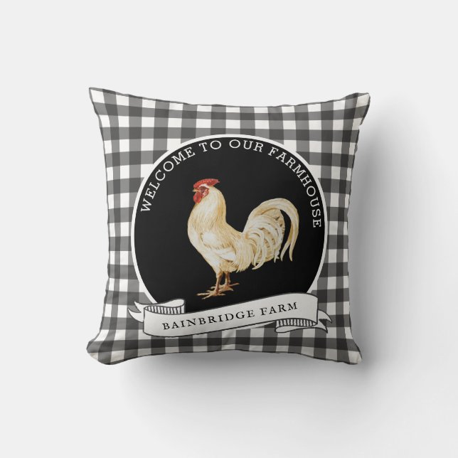 Modern Farmhouse Style Rooster Family Name  Throw Pillow (Front)