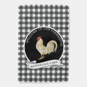 Modern Farmhouse Style Rooster Plaid Family Name  Garden Flag