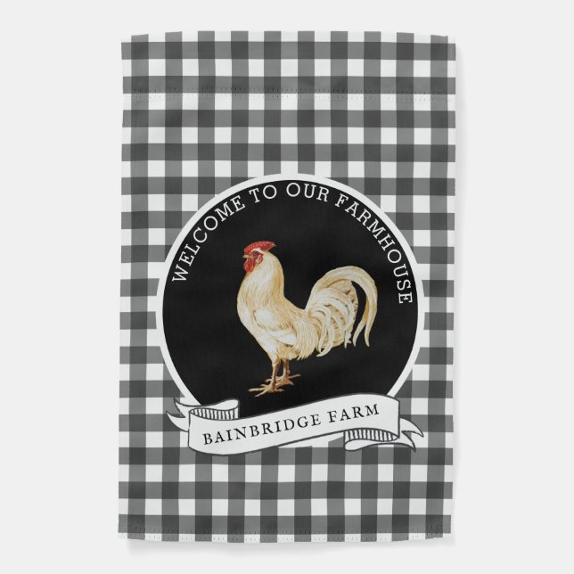 Modern Farmhouse Style Rooster Plaid Family Name  Garden Flag (Front)