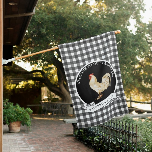 Modern Farmhouse Style Rooster Plaid Family Name  House Flag (In SItu)