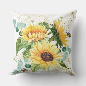 Modern Farmhouse Sunflower And Bee Pillow by GIFTSBYHEATHERMYERS at Zazzle