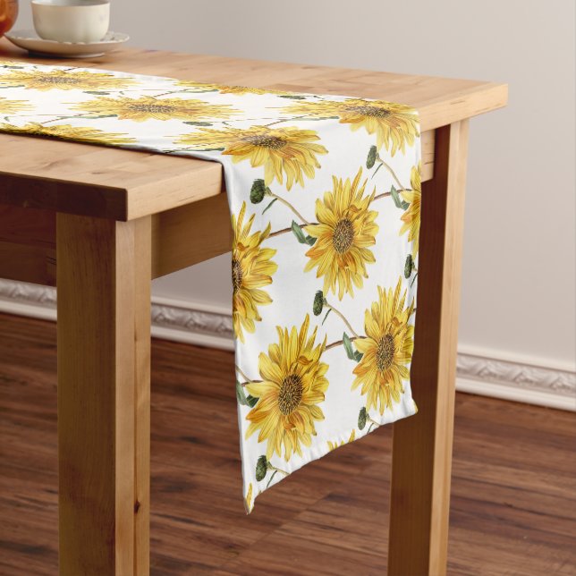 Modern Farmhouse Sunflower Floral on White  Short Table Runner (In Situ)