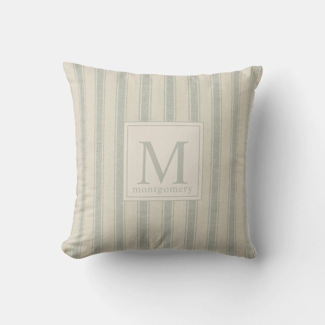 Modern Farmhouse Ticking Monogram Sage Green  Throw Pillow (Front)