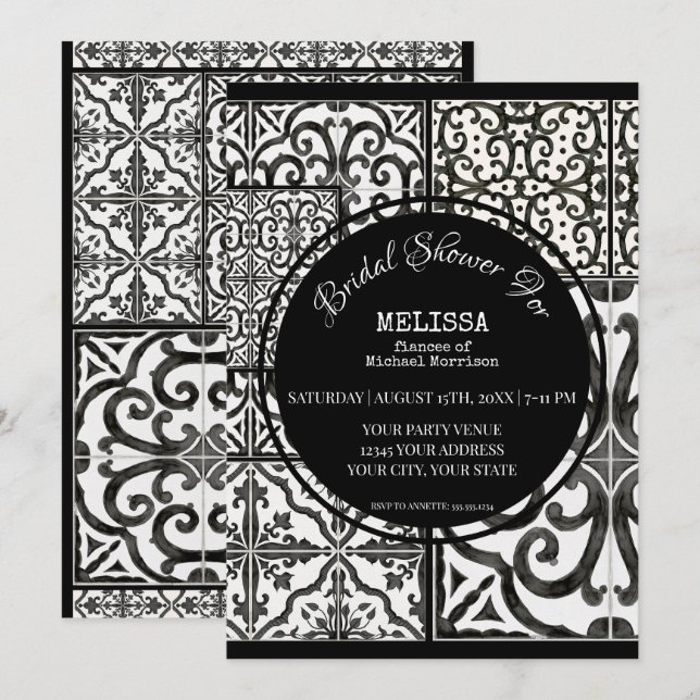 Modern Farmhouse Tile Black White Bridal Shower Invitation (Front/Back)