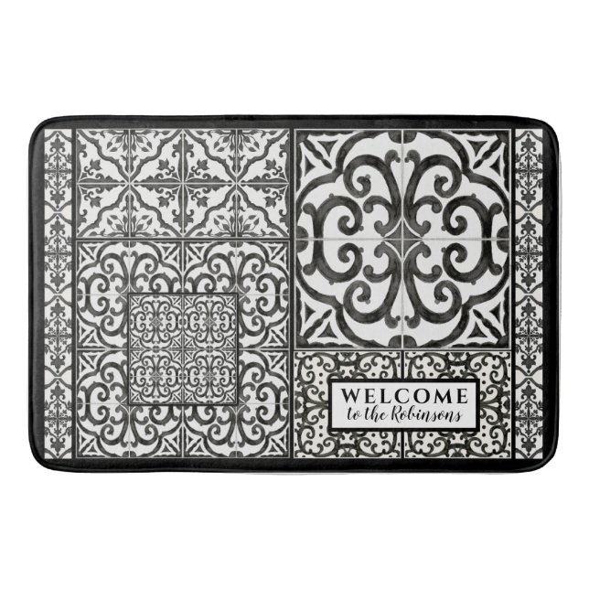 Modern Farmhouse Welcome Black and White Family Bath Mat (Front)