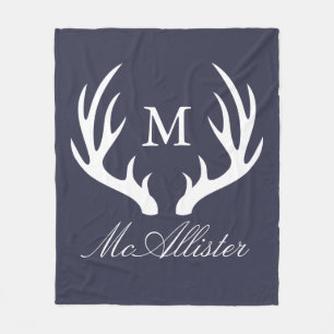 Modern Farmhouse White Buck Antlers & Navy Blue Fleece Blanket