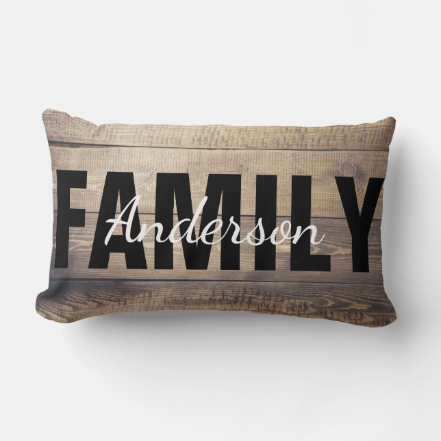 Modern Farmhouse Wood Rustic Family Name Lumbar Pillow (Front)