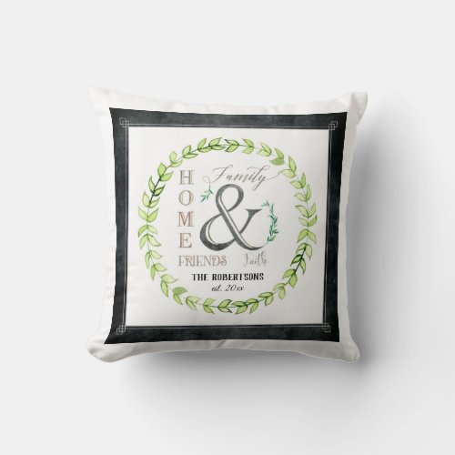 Modern Farmhouse Wreath Ampersand Home Family Name Throw Pillow