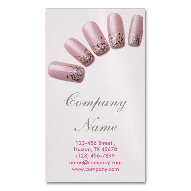 modern fashion girly beauty salon nail artist magnetic business card (Front Vertical)