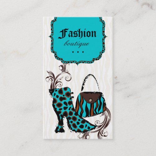 Modern Fashion Handbag Boot Leopard Zebra Blue Business Card Template