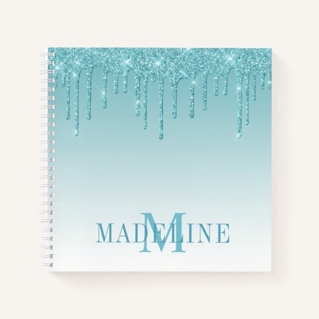 Modern Fashionable Aqua Glitter Monogram Notebook (Front)