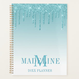 Modern Fashionable Aqua Glitter Monogram Planner