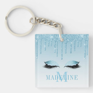 Modern Fashionable Blue Glitter Lashes Monogram Keychain