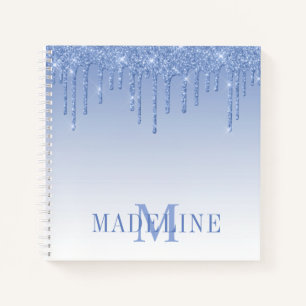Modern Fashionable Dusty Blue Glitter Monogram Notebook