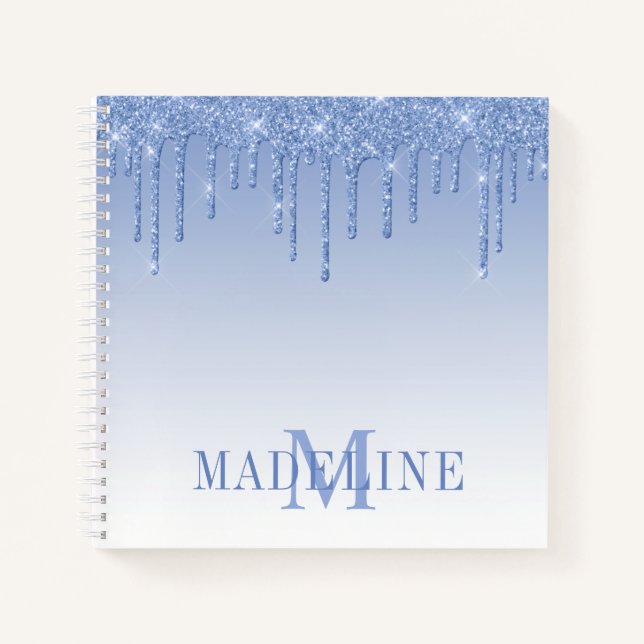 Modern Fashionable Dusty Blue Glitter Monogram Notebook (Front)