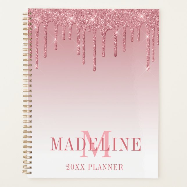 Modern Fashionable Dusty Pink Glitter Monogram Planner (Front)