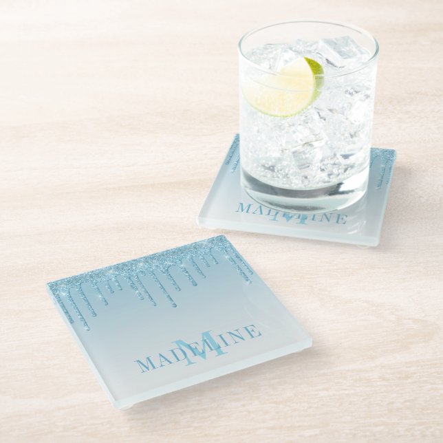 Modern Fashionable Light Blue Glitter Monogram Glass Coaster (Angled)
