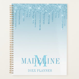 Modern Fashionable Light Blue Glitter Monogram Planner
