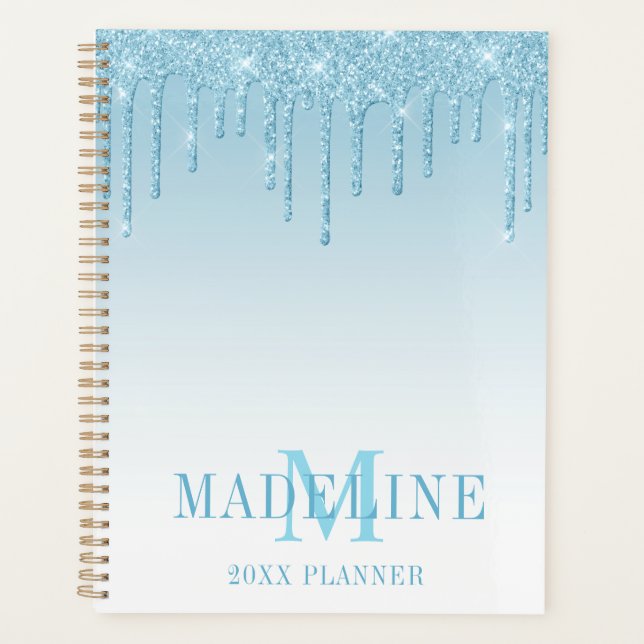 Modern Fashionable Light Blue Glitter Monogram Planner (Front)