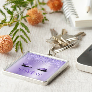 Modern Fashionable Monogram Glitter Lashes Purple Keychain
