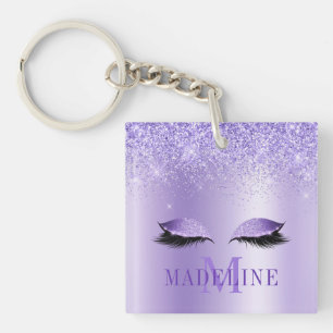 Modern Fashionable Monogram Purple Glitter Lashes Keychain