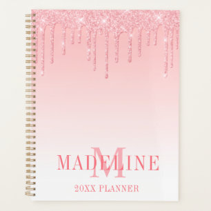 Modern Fashionable Pink Blush Glitter Monogram Planner