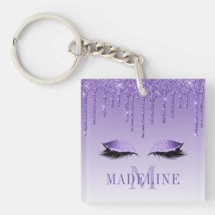Modern Fashionable Purple Glitter Lashes Monogram Keychain