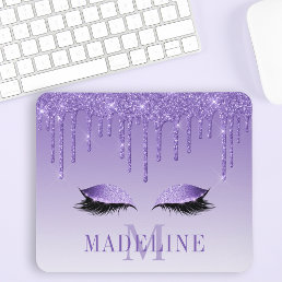 Modern Fashionable Purple Glitter Lashes Monogram Mouse Pad