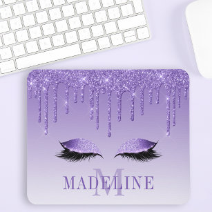 Modern Fashionable Purple Glitter Lashes Monogram Mouse Pad