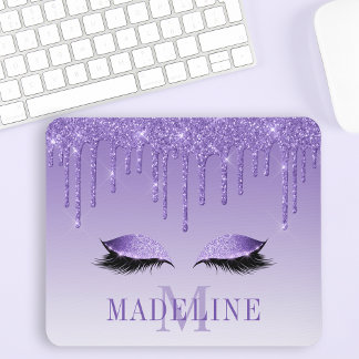 Modern Fashionable Purple Glitter Lashes Monogram Mouse Pad