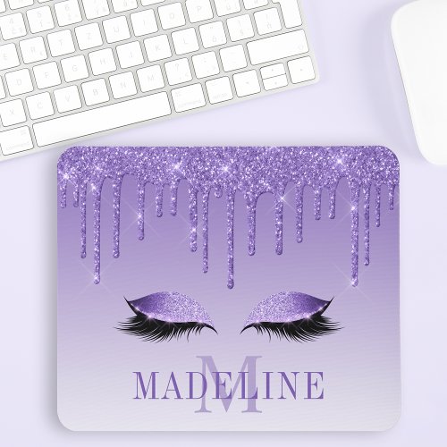 Modern Fashionable Purple Glitter Lashes Monogram Mouse Pad