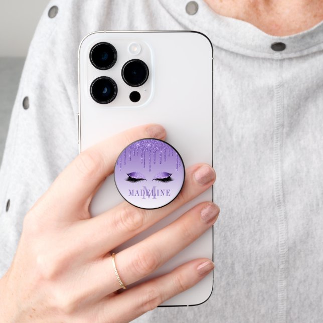 Modern Fashionable Purple Glitter Lashes Monogram PopSocket (Hand)